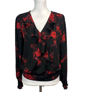 BCX Blouse size Large Black Red Roses Ruffle Smocking Wedding Career Church